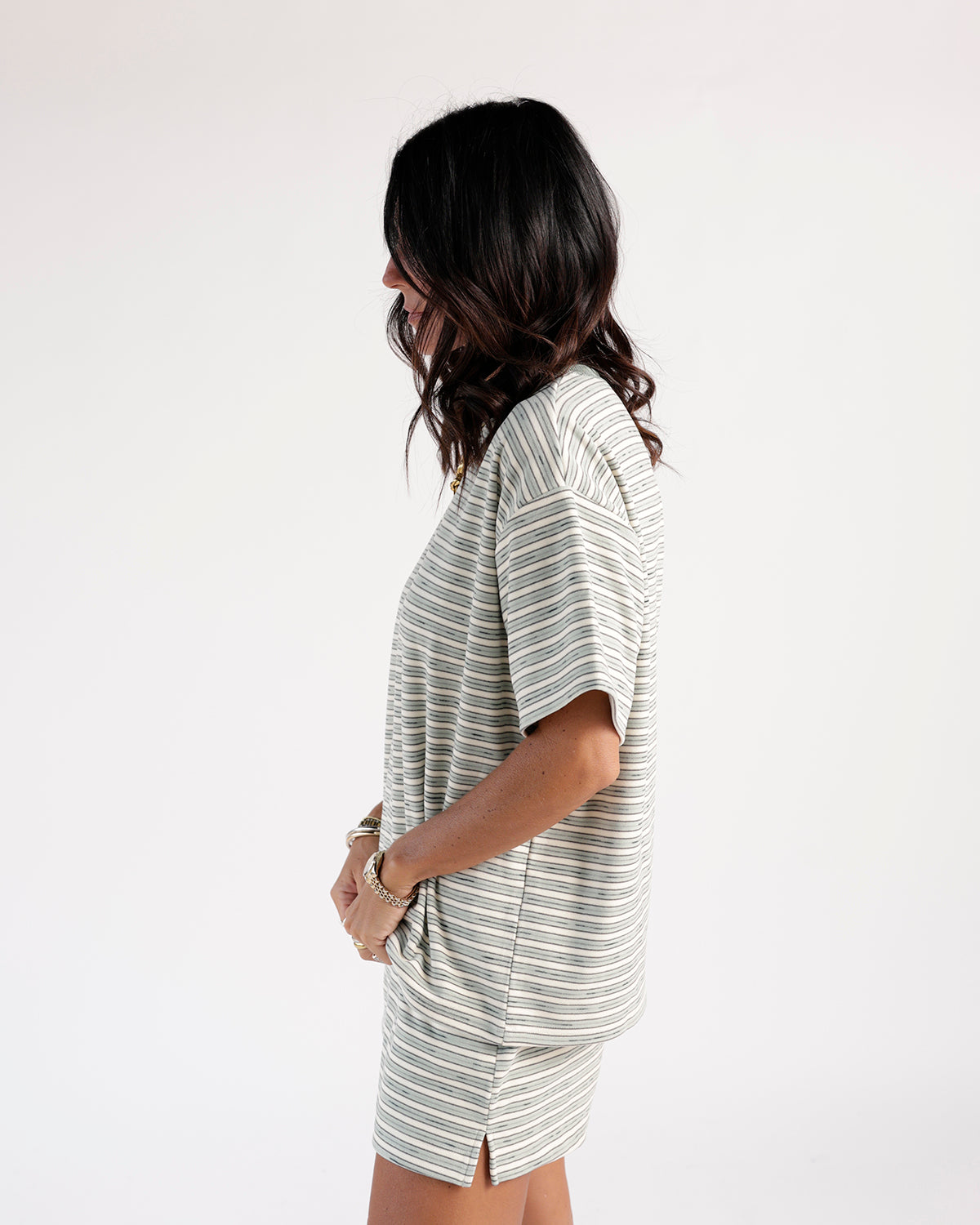 Oversized striped tee dress in cream and sage green, short sleeves, side slit