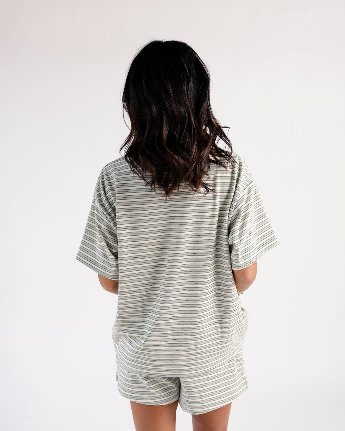 Oversized striped mint and white short-sleeve tee with matching shorts, back view