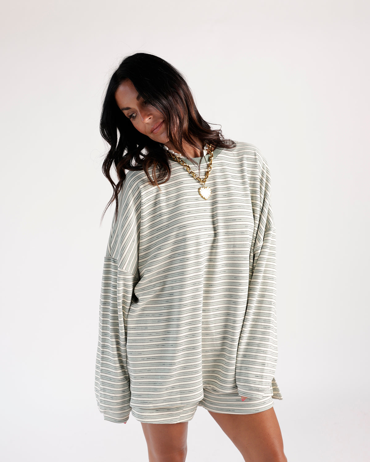 Oversized striped long sleeve top in mint and white with a chest pocket