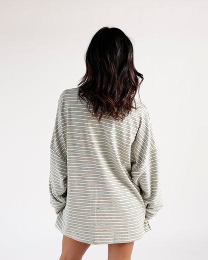 Oversized striped long sleeve top in cream and sage, back view