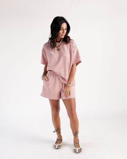 Oversized red and white striped short-sleeve tee with relaxed fit