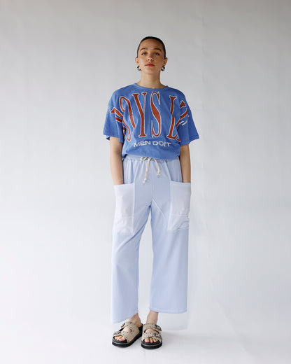 Oversized blue graphic short sleeve tee with red varsity lettering print