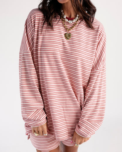 Oversized red and cream striped long sleeve top with drop shoulders