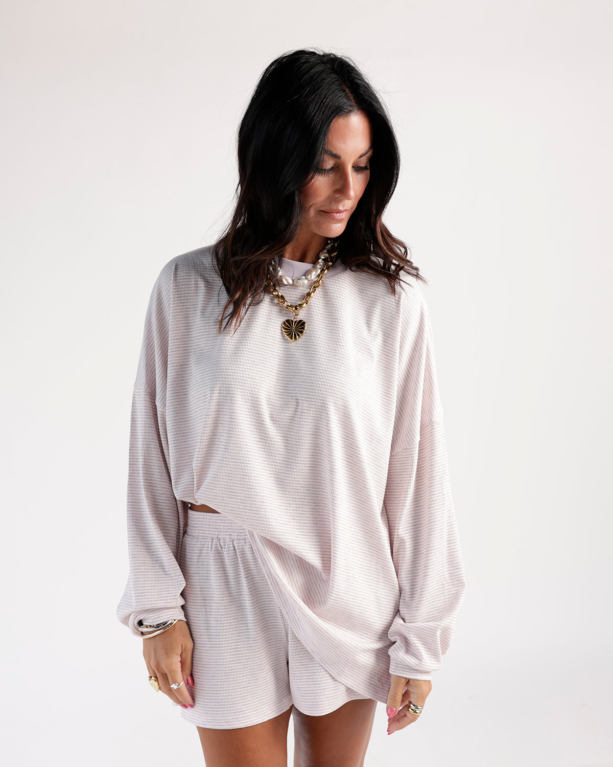 Timeless lilac and cream striped long sleeve top for a classic, stylish look. Soft, comfortable, suitable for all-day wear. Perfect for layering.