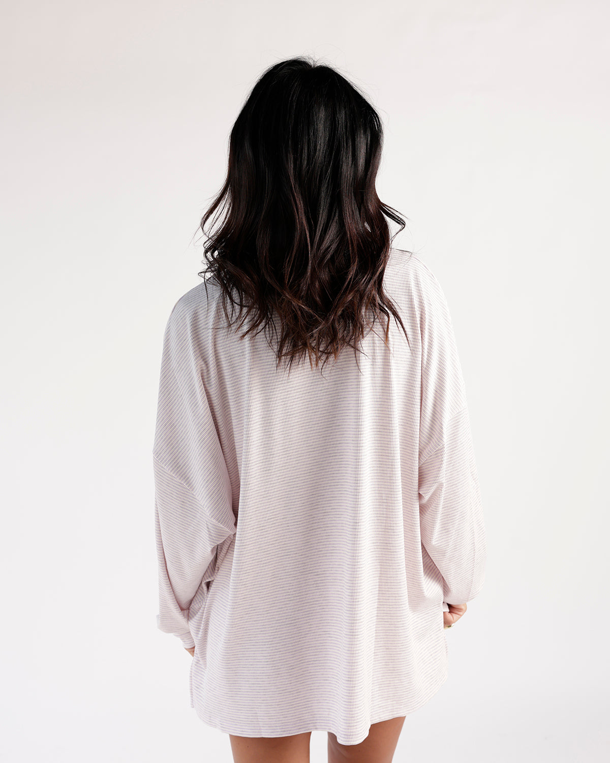Oversized lilac striped long sleeve top, back view, relaxed fit