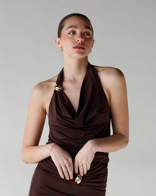 brown halter neck top with cowl neck and gold metal accent