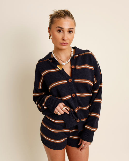 navy striped knit set
