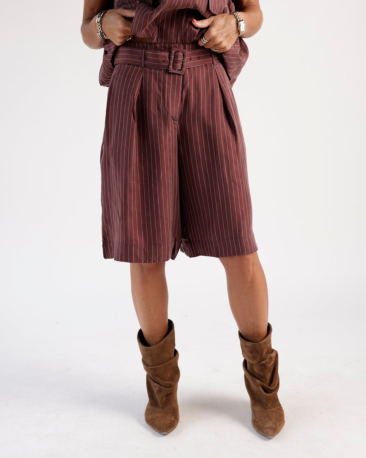 Mulberry pinstripe belted long shorts with brown suede slouch boots