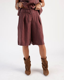 Mulberry pinstripe belted long shorts with brown suede heeled boots