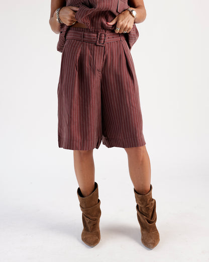 Mulberry pinstripe belted long shorts with brown suede heeled boots