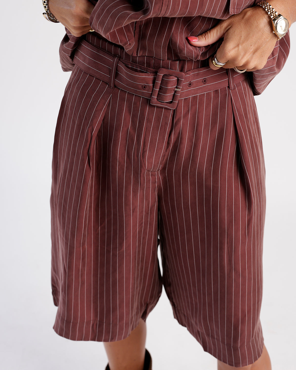 Mulberry pinstripe belted long shorts with pleated front and matching top