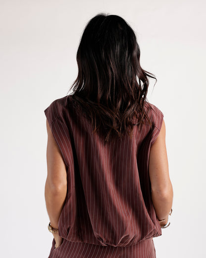 Sleeveless mulberry striped vest top, back view, relaxed fit with elastic hem