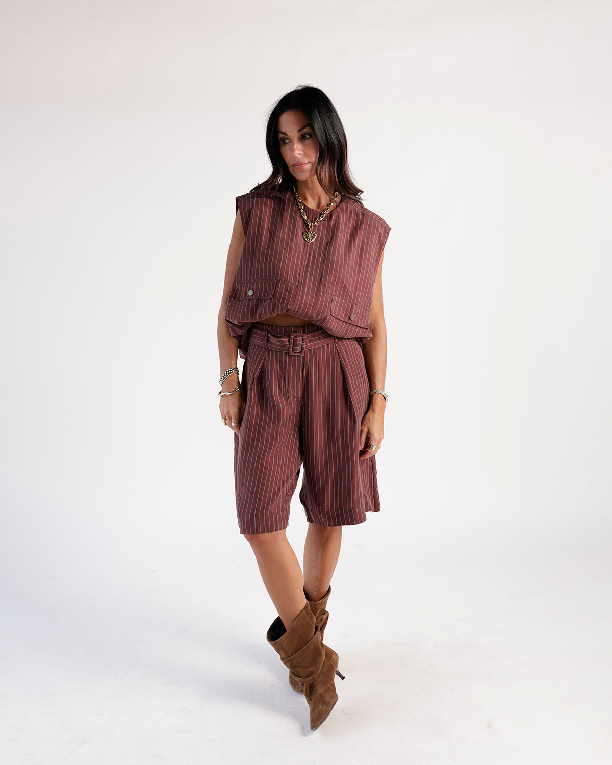 Mulberry pinstripe long Bermuda shorts with belt loops and front pleats
