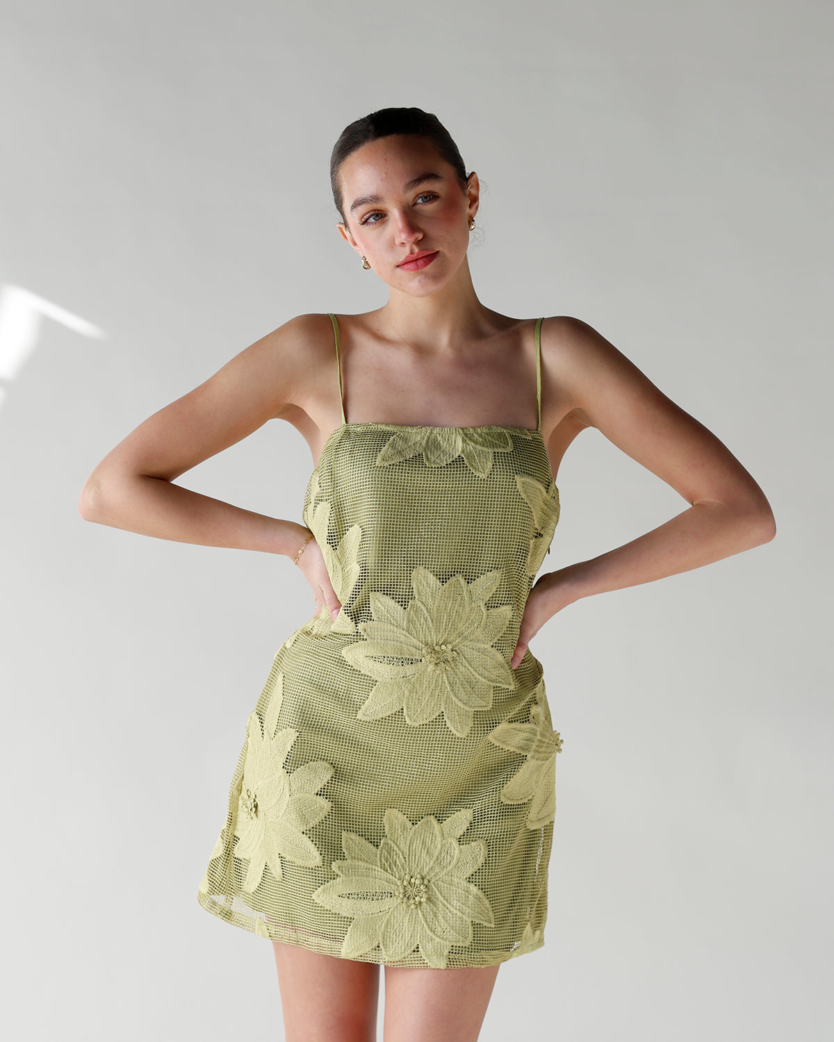 green crochet floral applique floral print mini dress spring mini dress