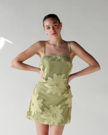 green crochet floral applique floral print mini dress spring mini dress