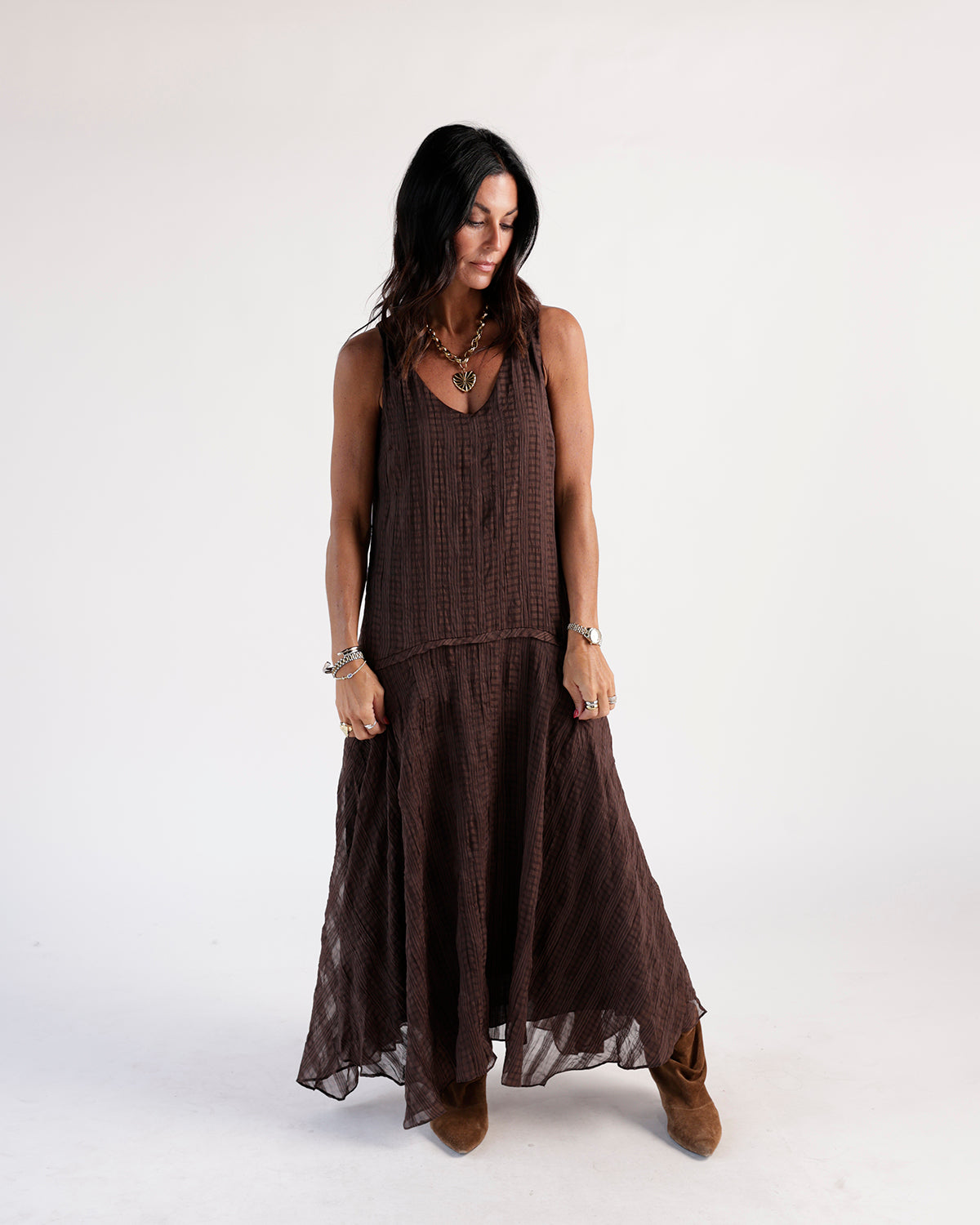 Brown plaid crinkle sleeveless maxi dress with flowy skirt and V-neckline