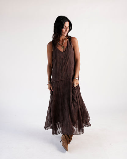 Brown plaid crinkle sleeveless maxi dress with flowy skirt and V-neckline