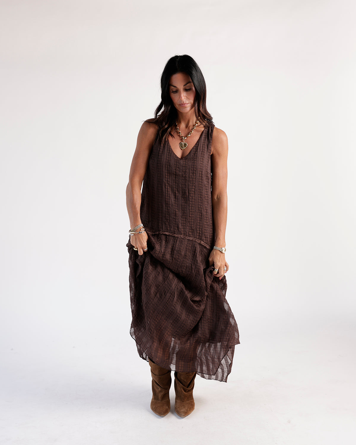 Brown plaid crinkle sleeveless maxi dress with tiered skirt and V-neckline
