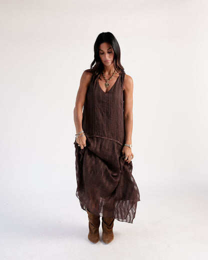 Brown plaid crinkle sleeveless maxi dress with tiered skirt and V-neckline