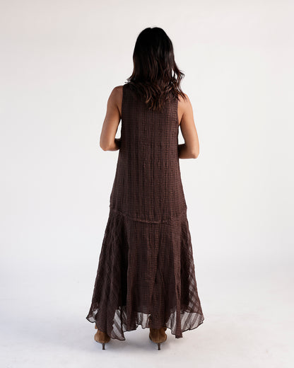 Brown plaid crinkle sleeveless maxi dress with flared tiered skirt, back view