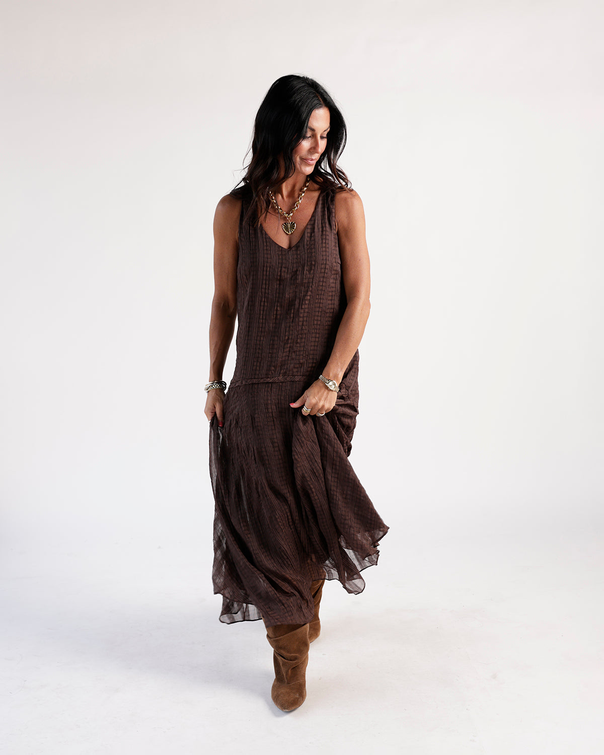Brown plaid crinkle sleeveless maxi dress with V-neck and flowy tiered skirt