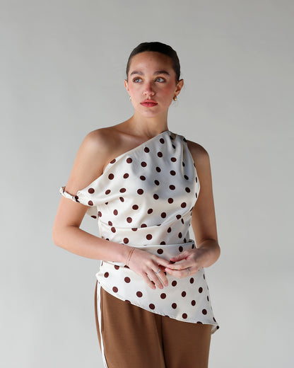 asymmetrical off the shoulder brown and ivory polka dot print top