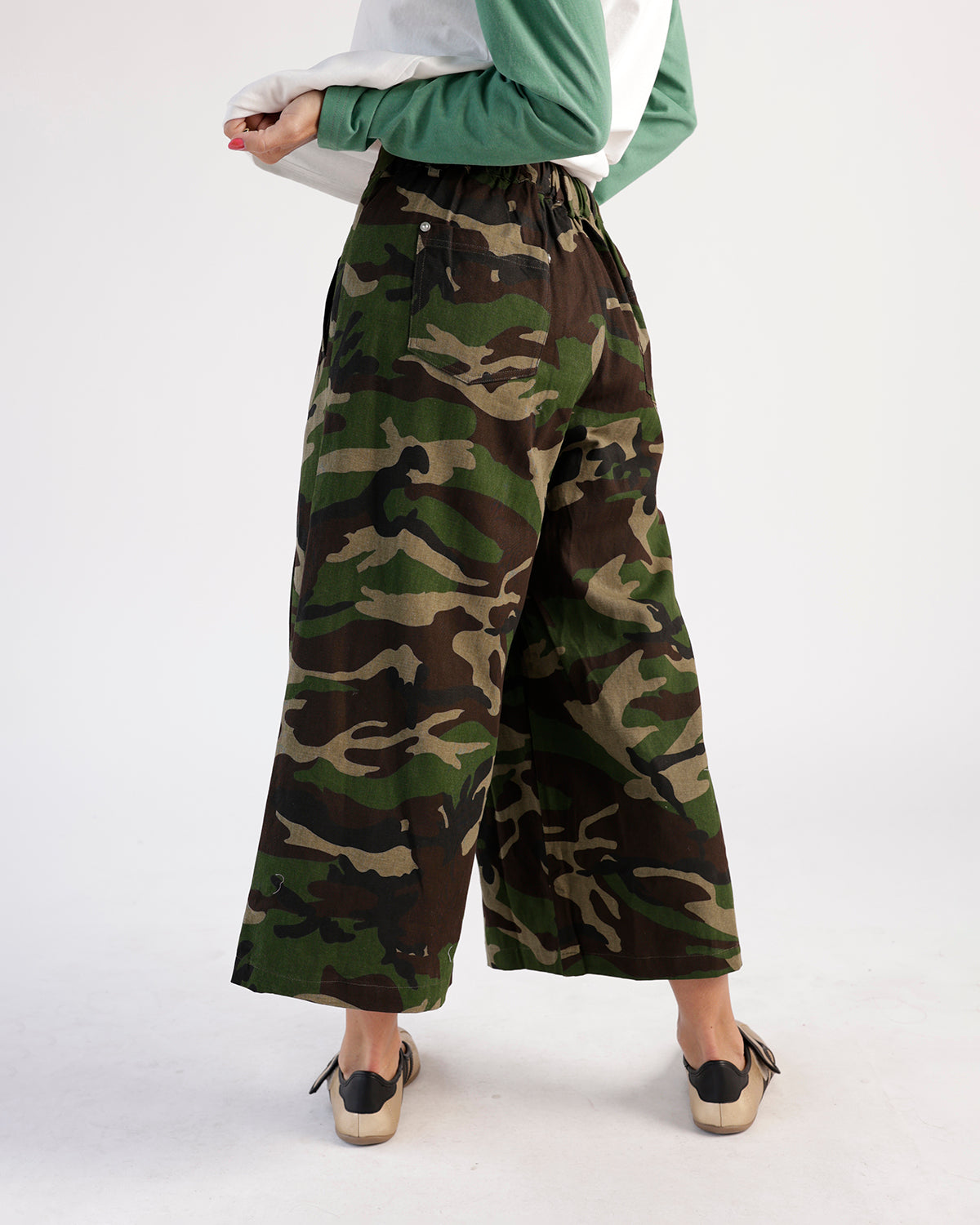Wide-leg cropped camo pants with elastic waist, worn from behind