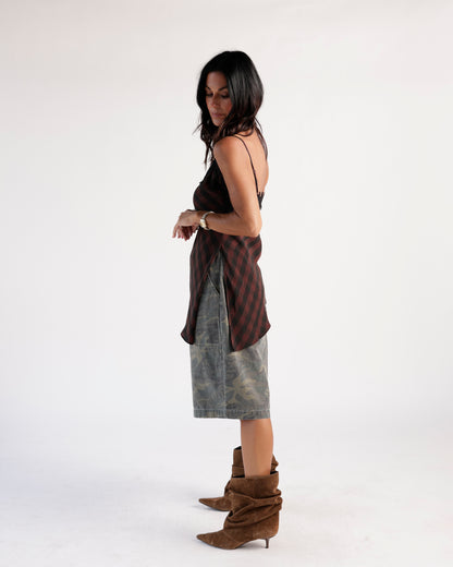 Longline brown plaid spaghetti strap cami top with open back detail