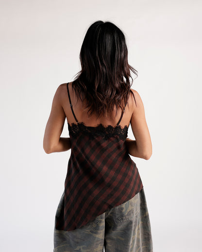 Brown plaid longline cami with black lace trim and thin adjustable straps