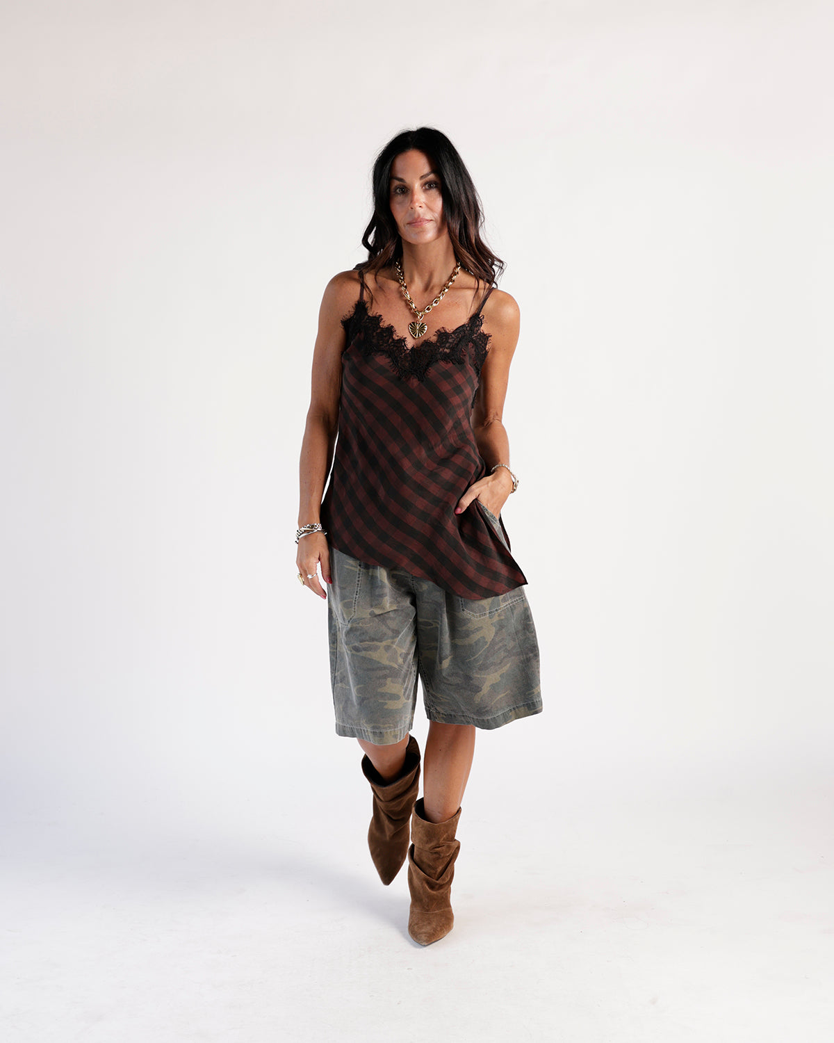 Olive green camo cargo shorts, knee length, wide leg, worn with plaid top and brown boots