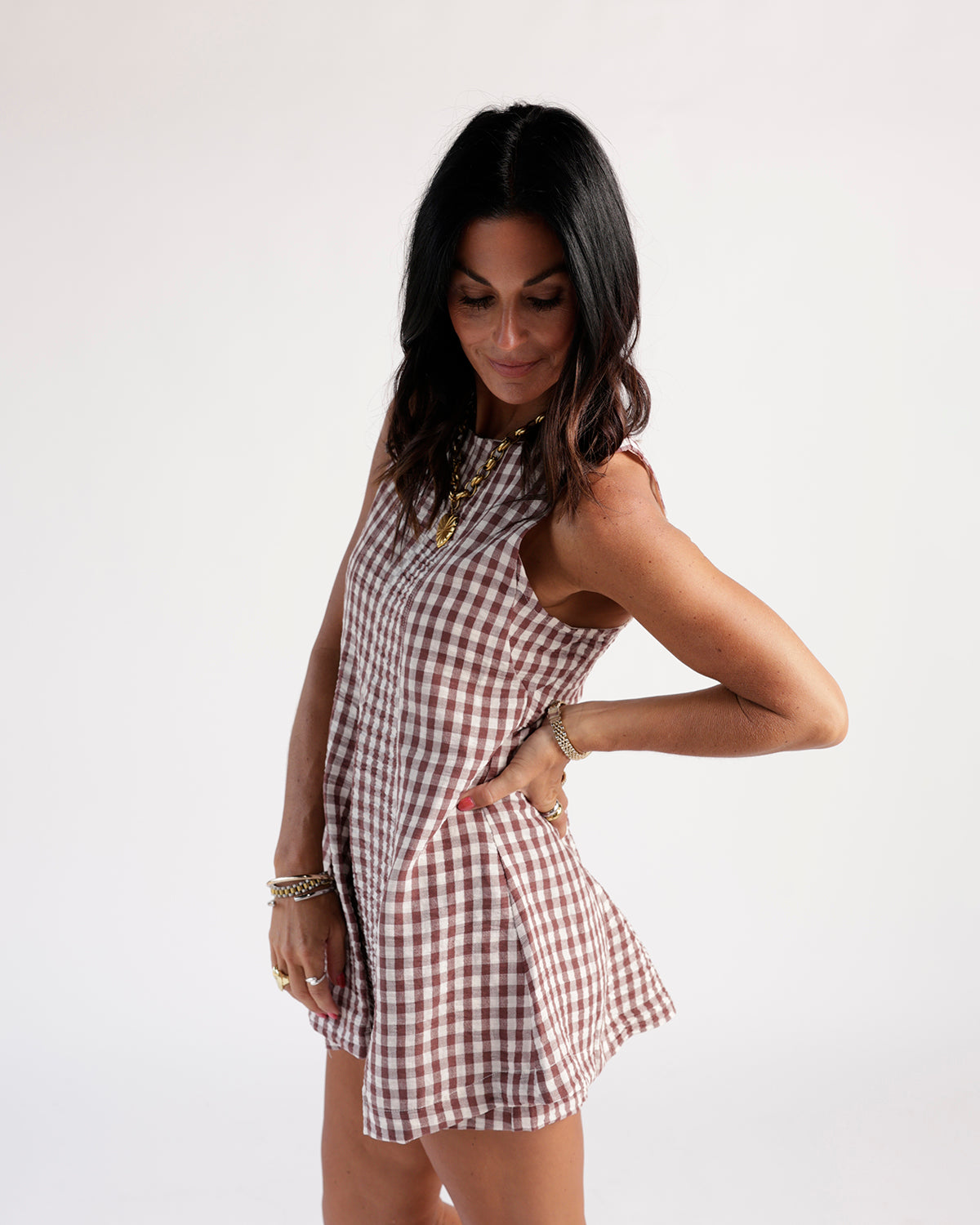Sleeveless burgundy and white gingham check mini dress with relaxed fit
