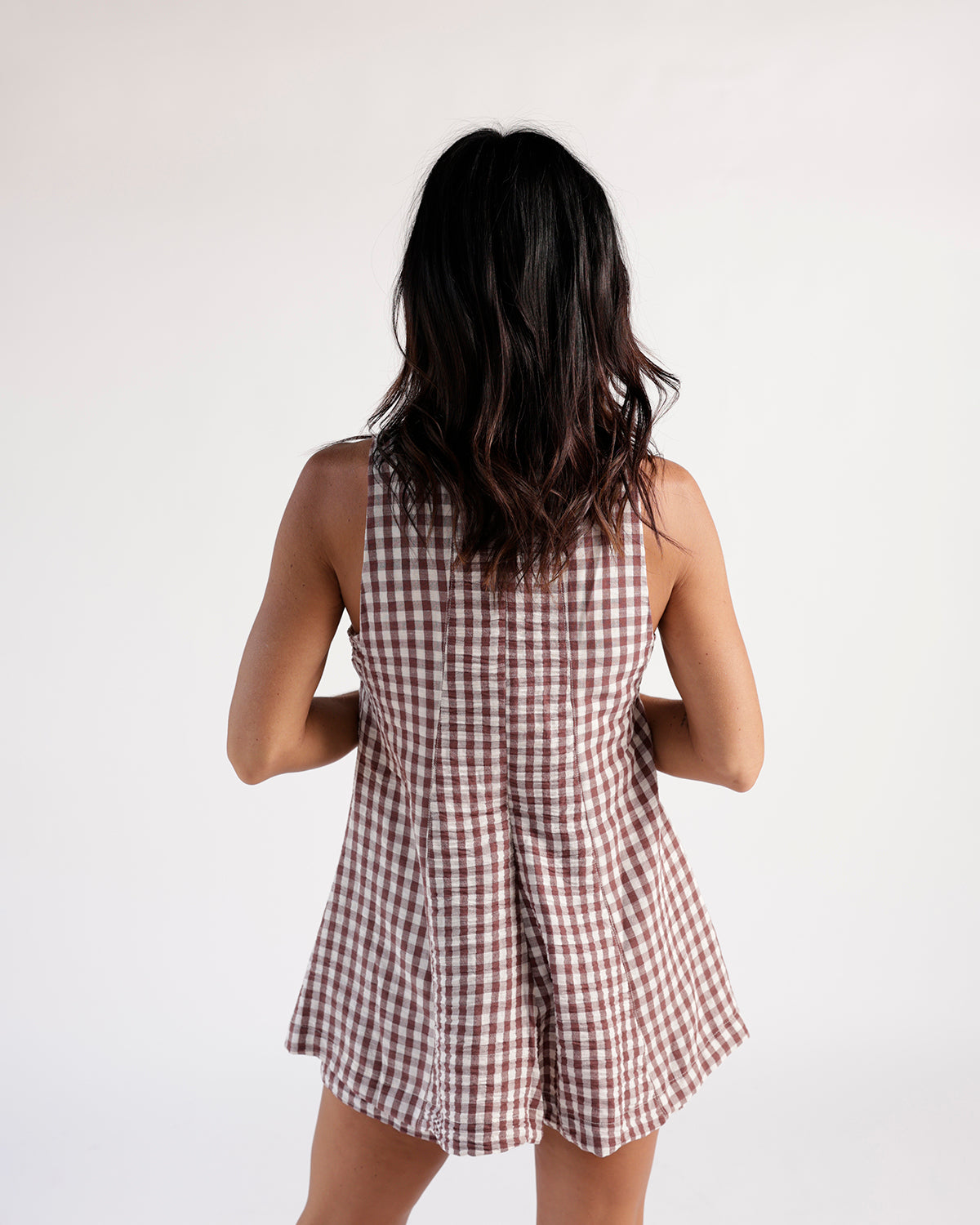 Brown and white gingham sleeveless mini dress, back view, fitted bodice