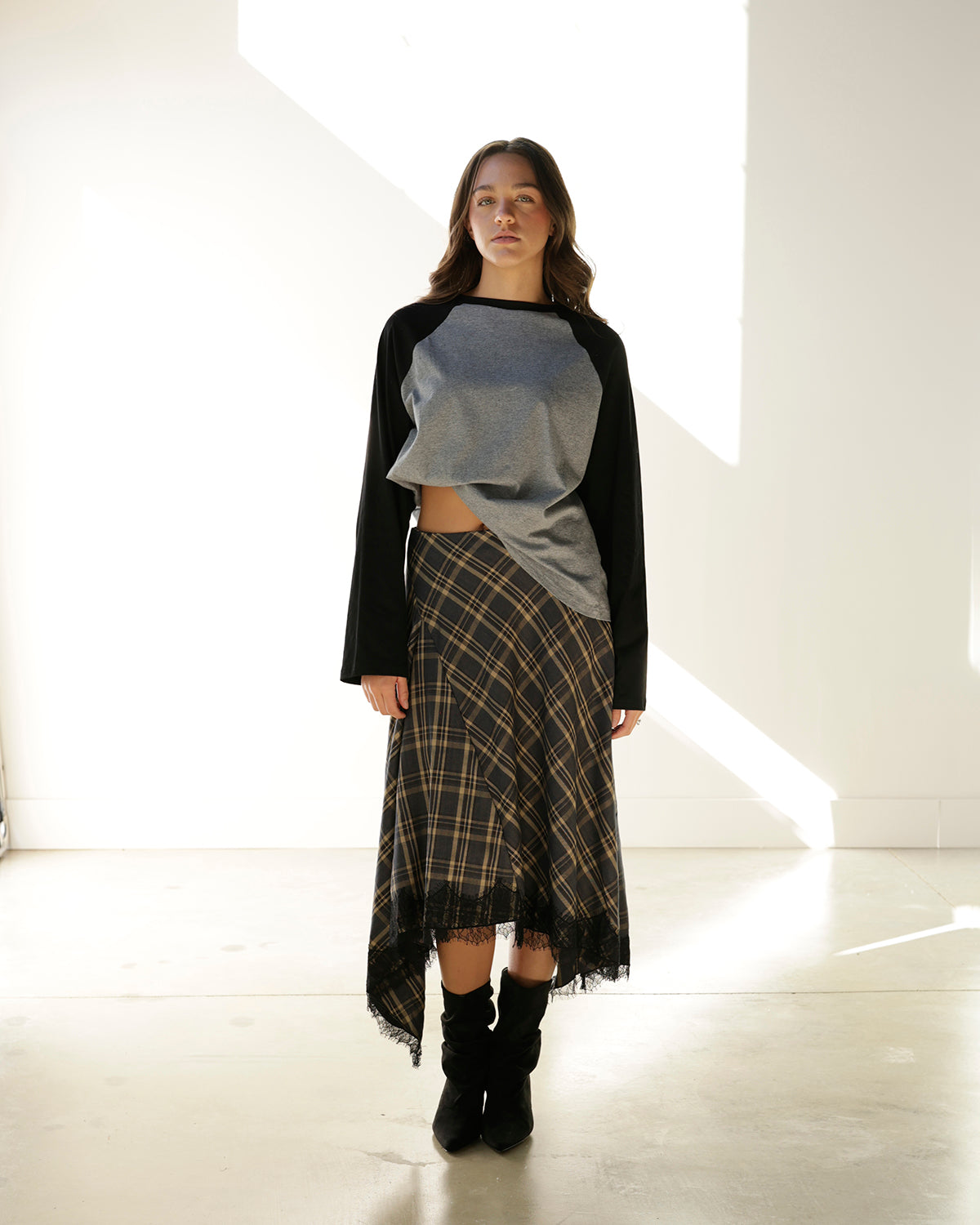 PENELOPE PLAID LACE HEM MIDI SKIRT