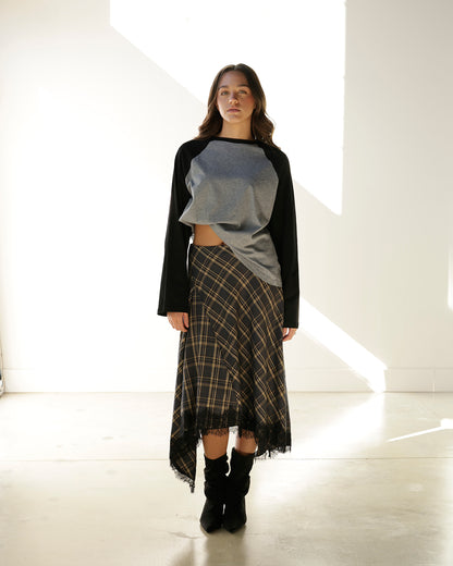 PENELOPE PLAID LACE HEM MIDI SKIRT