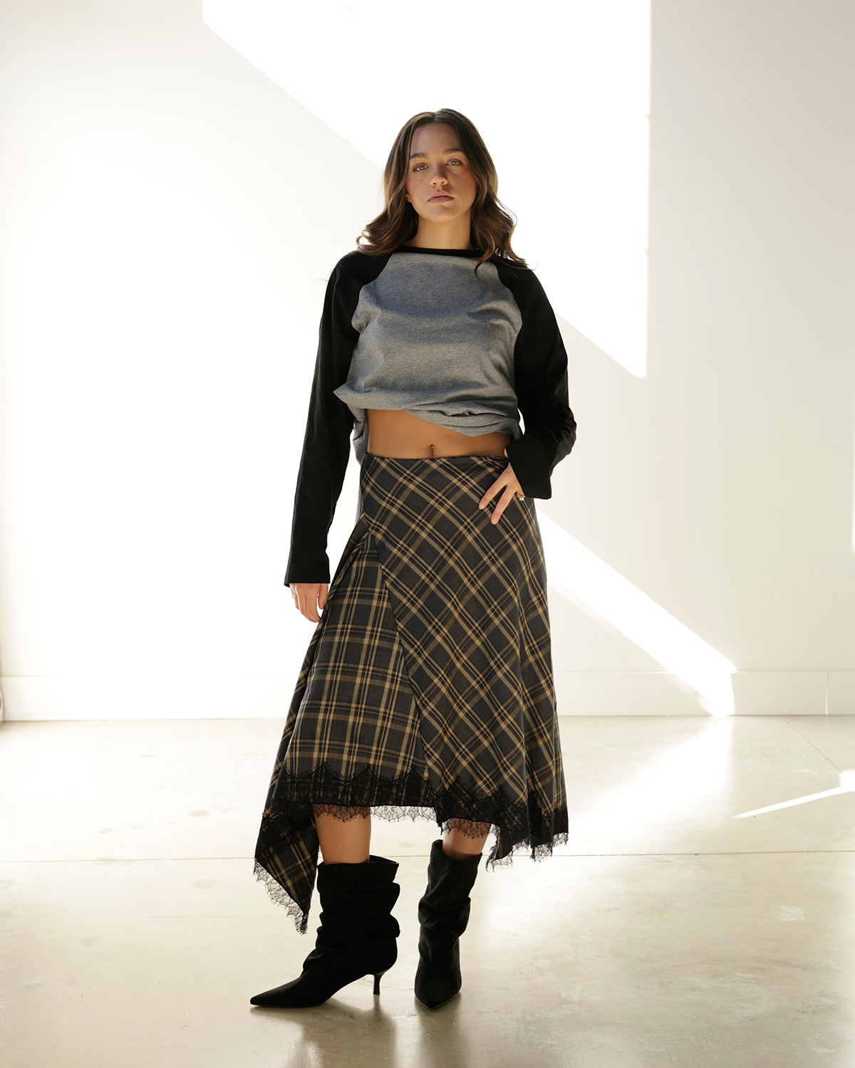 PENELOPE PLAID LACE HEM MIDI SKIRT