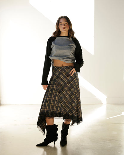 PENELOPE PLAID LACE HEM MIDI SKIRT