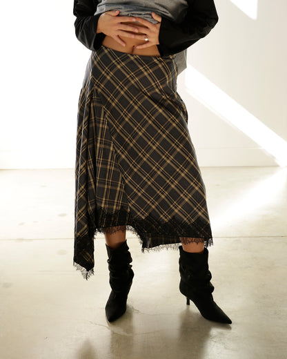 PENELOPE PLAID LACE HEM MIDI SKIRT