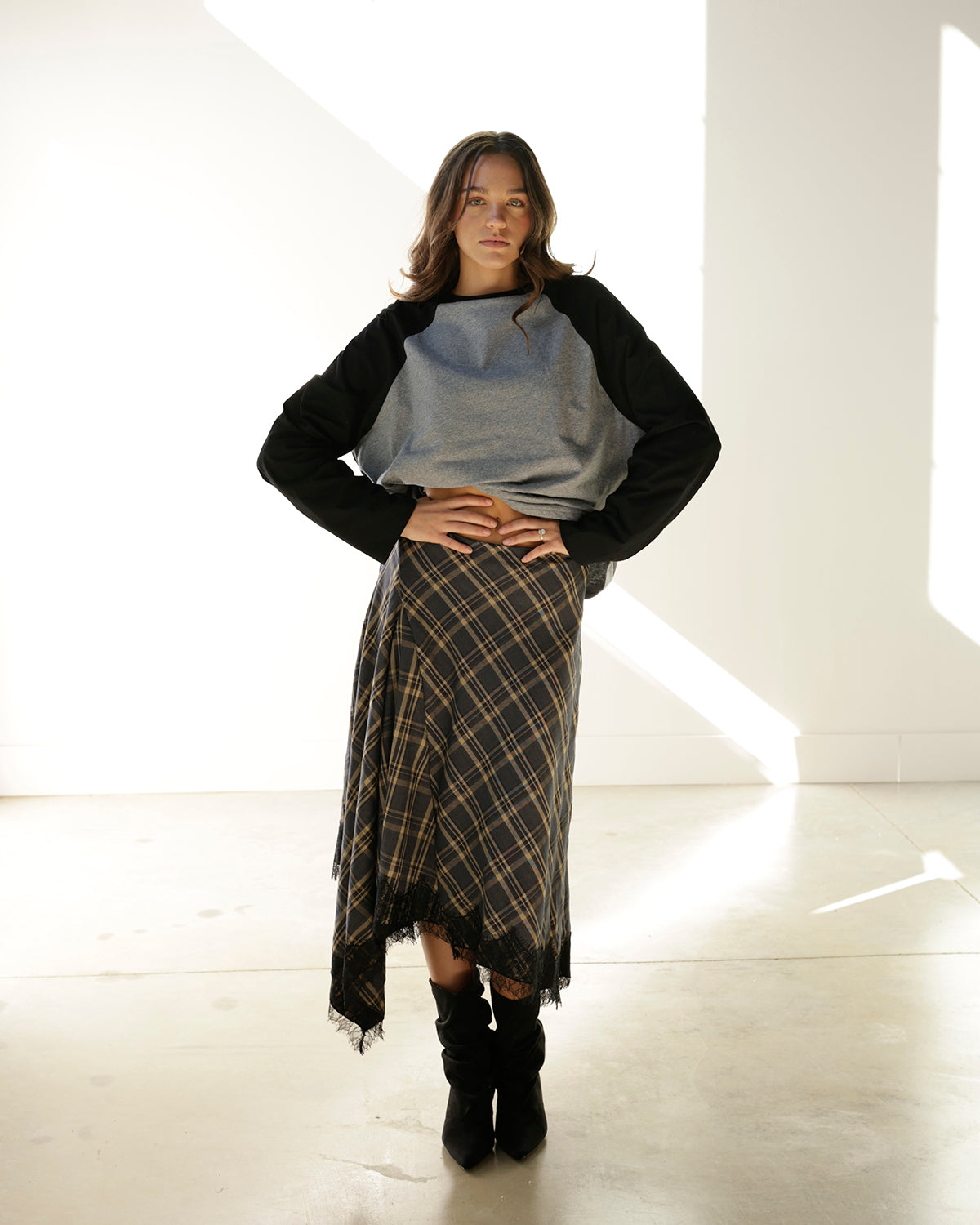 PENELOPE PLAID LACE HEM MIDI SKIRT