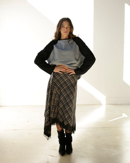 PENELOPE PLAID LACE HEM MIDI SKIRT