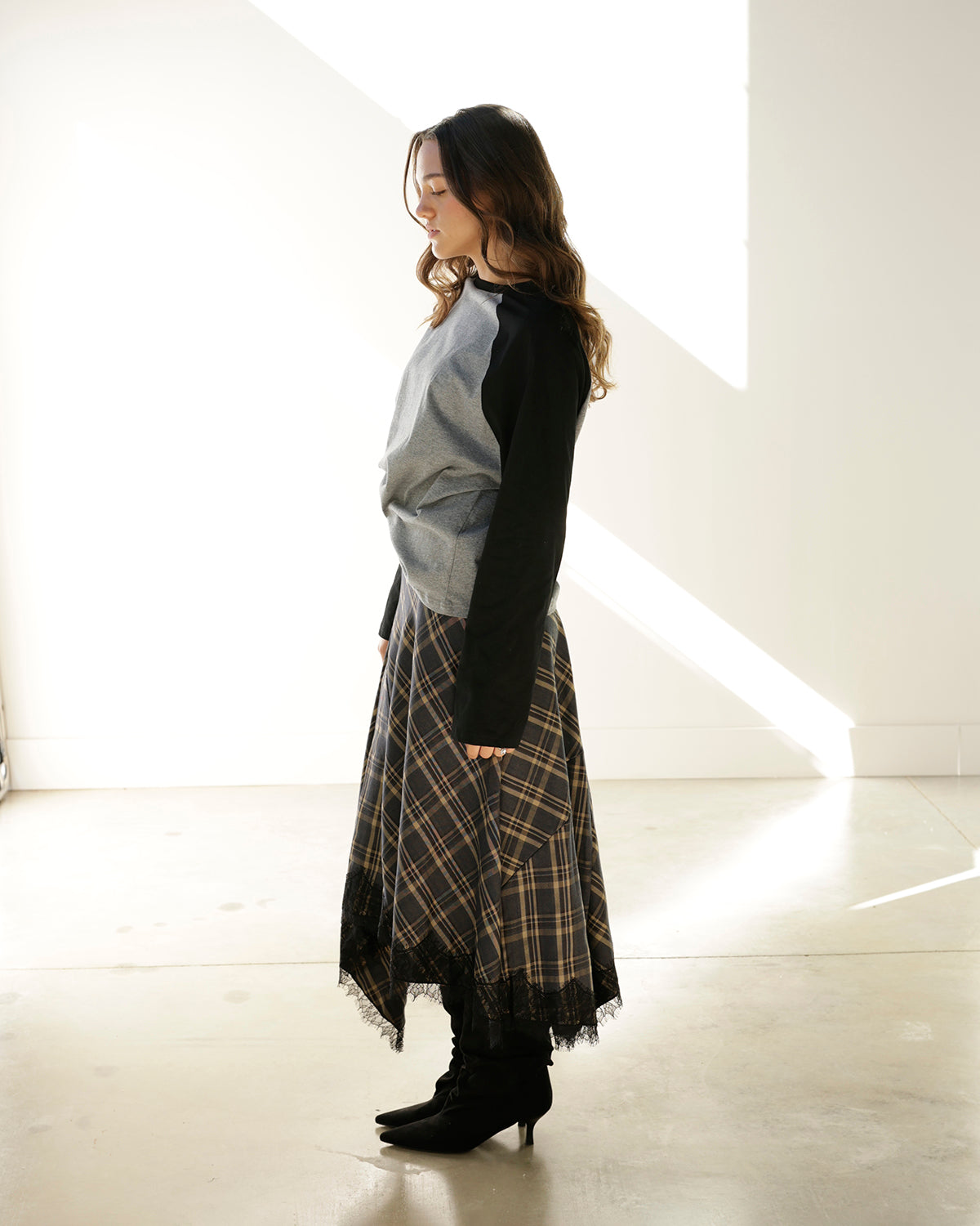 PENELOPE PLAID LACE HEM MIDI SKIRT