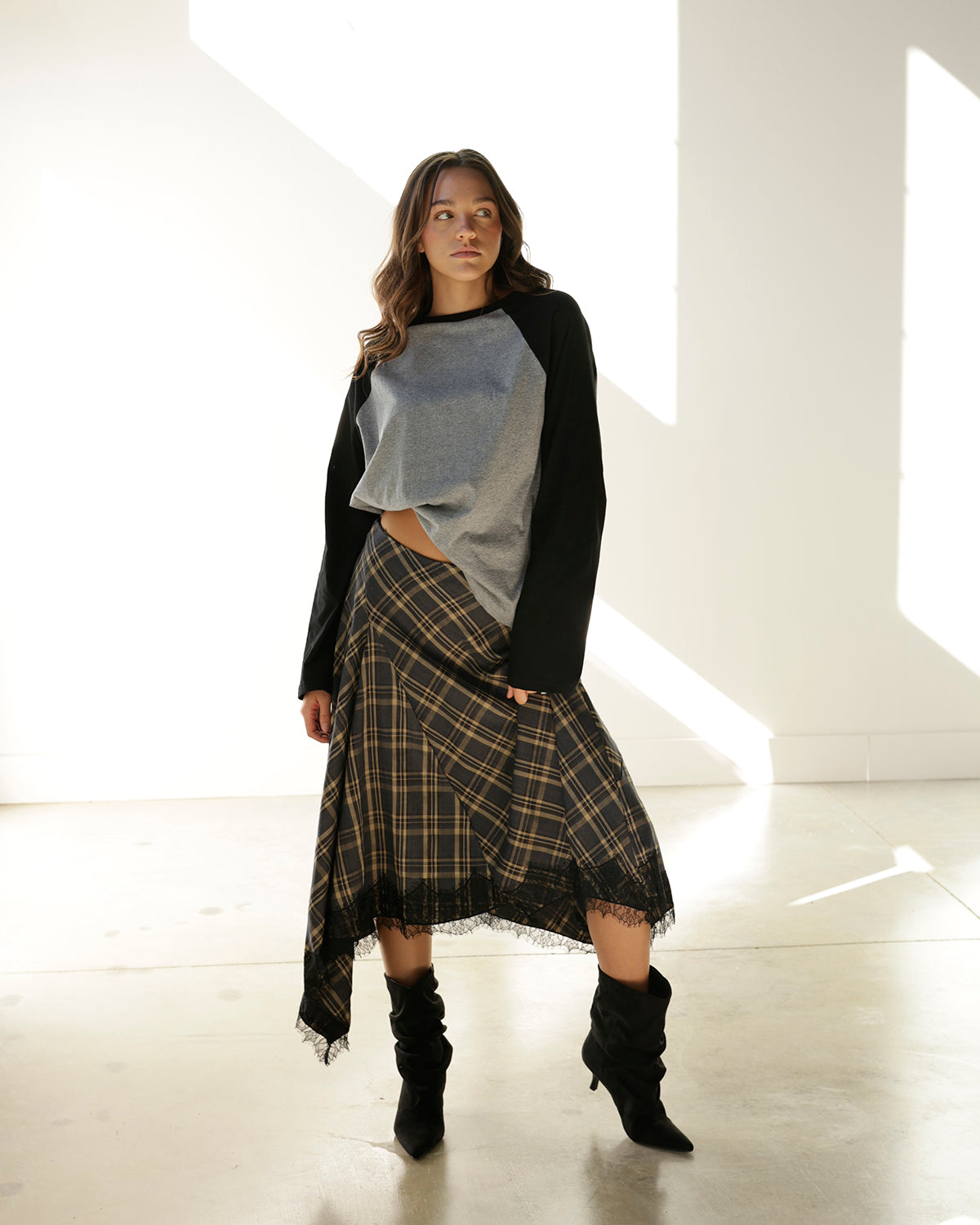 PENELOPE PLAID LACE HEM MIDI SKIRT