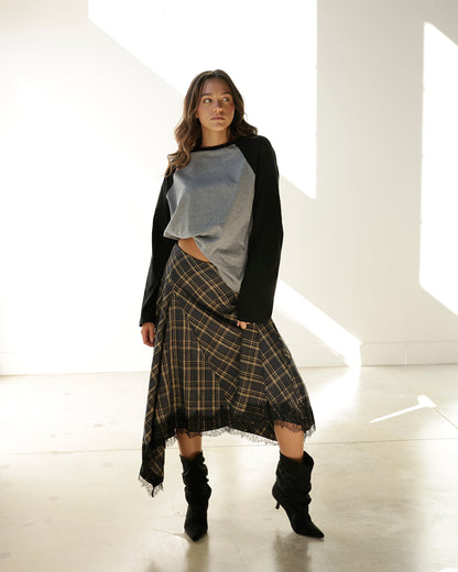 PENELOPE PLAID LACE HEM MIDI SKIRT