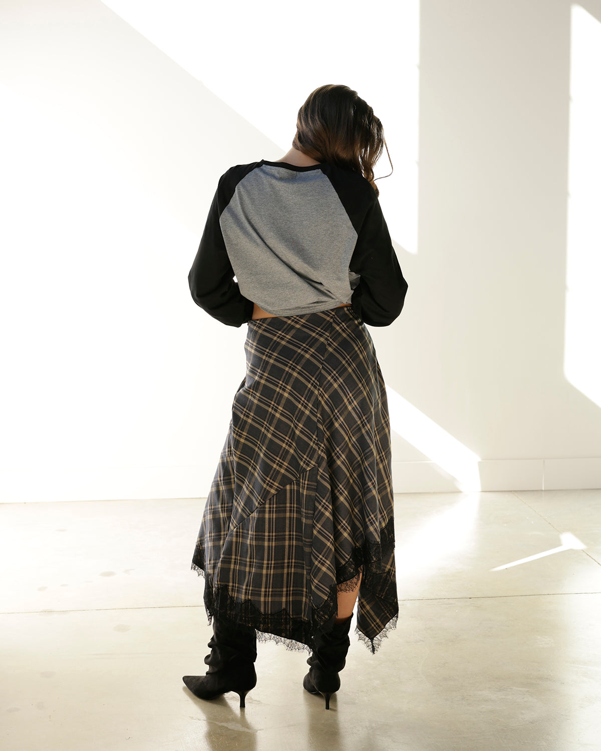 PENELOPE PLAID LACE HEM MIDI SKIRT