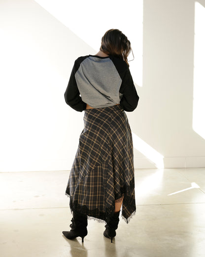 PENELOPE PLAID LACE HEM MIDI SKIRT
