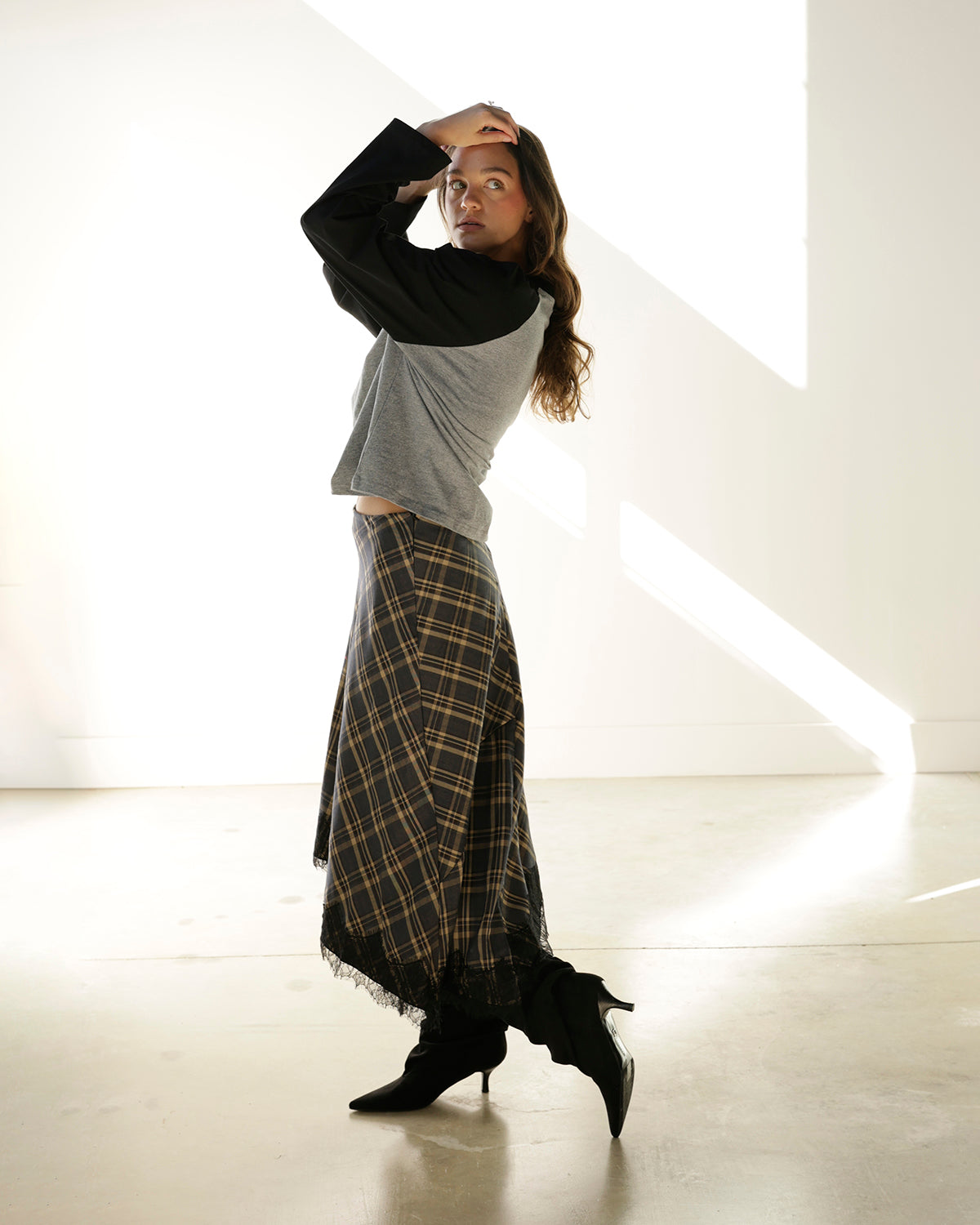 PENELOPE PLAID LACE HEM MIDI SKIRT