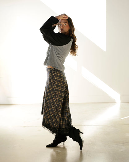 PENELOPE PLAID LACE HEM MIDI SKIRT