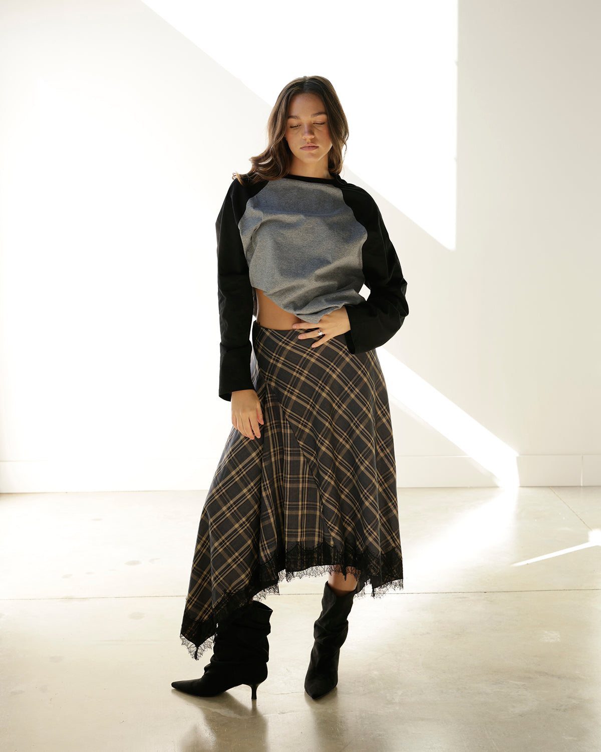 PENELOPE PLAID LACE HEM MIDI SKIRT