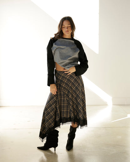 PENELOPE PLAID LACE HEM MIDI SKIRT
