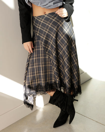 PENELOPE PLAID LACE HEM MIDI SKIRT