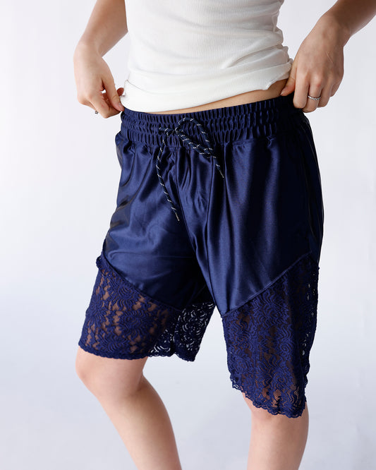 navy satin and lace long line sporty shorts women